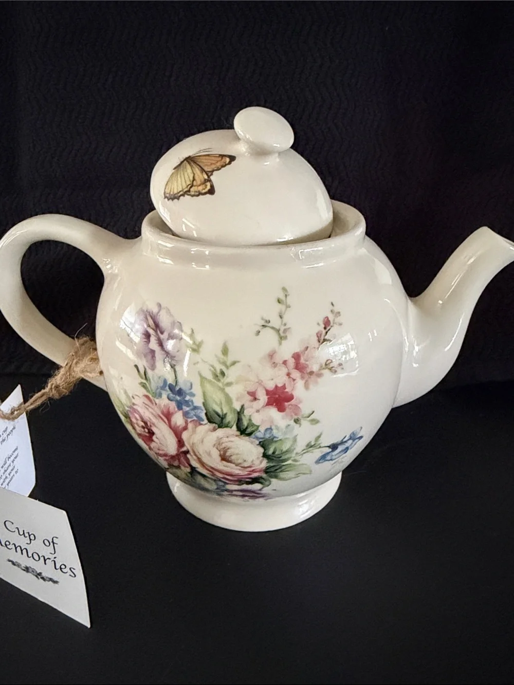 Lily Creek, Martha Vaughn, Cream Floral Vintage Teapot with Butterfly Accent